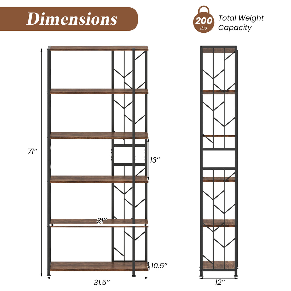 6-Tier Bookshelf with Metal Frame & Anti-Tipping Kits - Rustic Brown