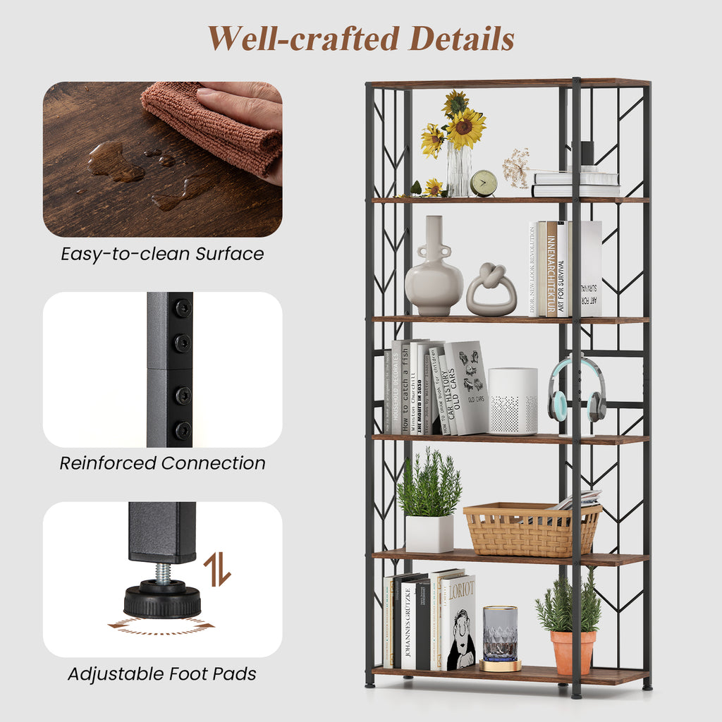 6-Tier Bookshelf with Metal Frame & Anti-Tipping Kits - Rustic Brown