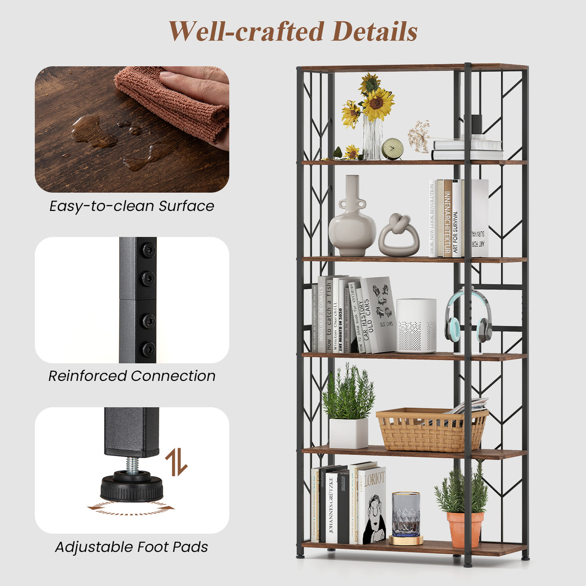 6-Tier Bookshelf with Metal Frame & Anti-Tipping Kits - Rustic Brown