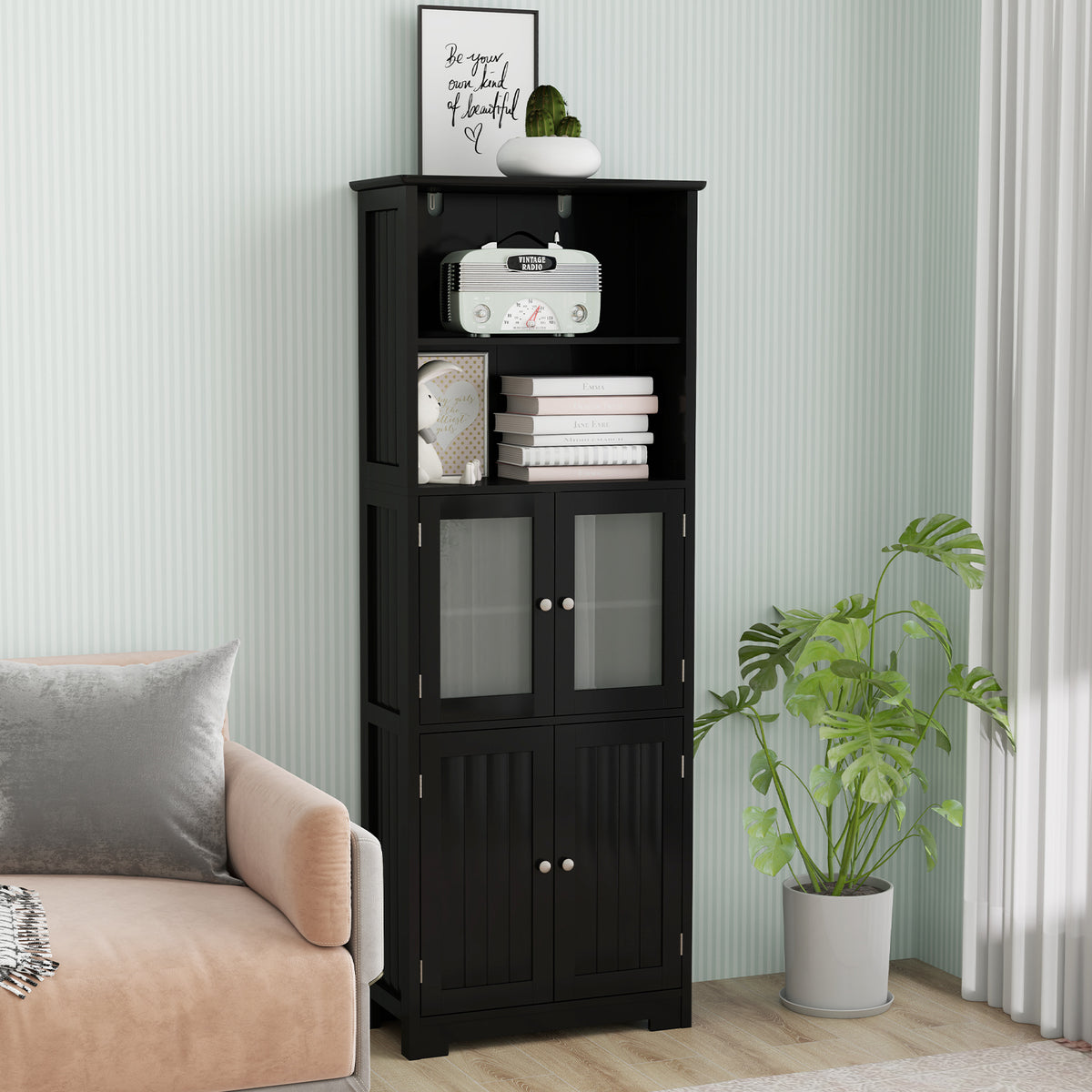 6-Tier Freestanding Bathroom Cabinet with 2 Open Compartments and