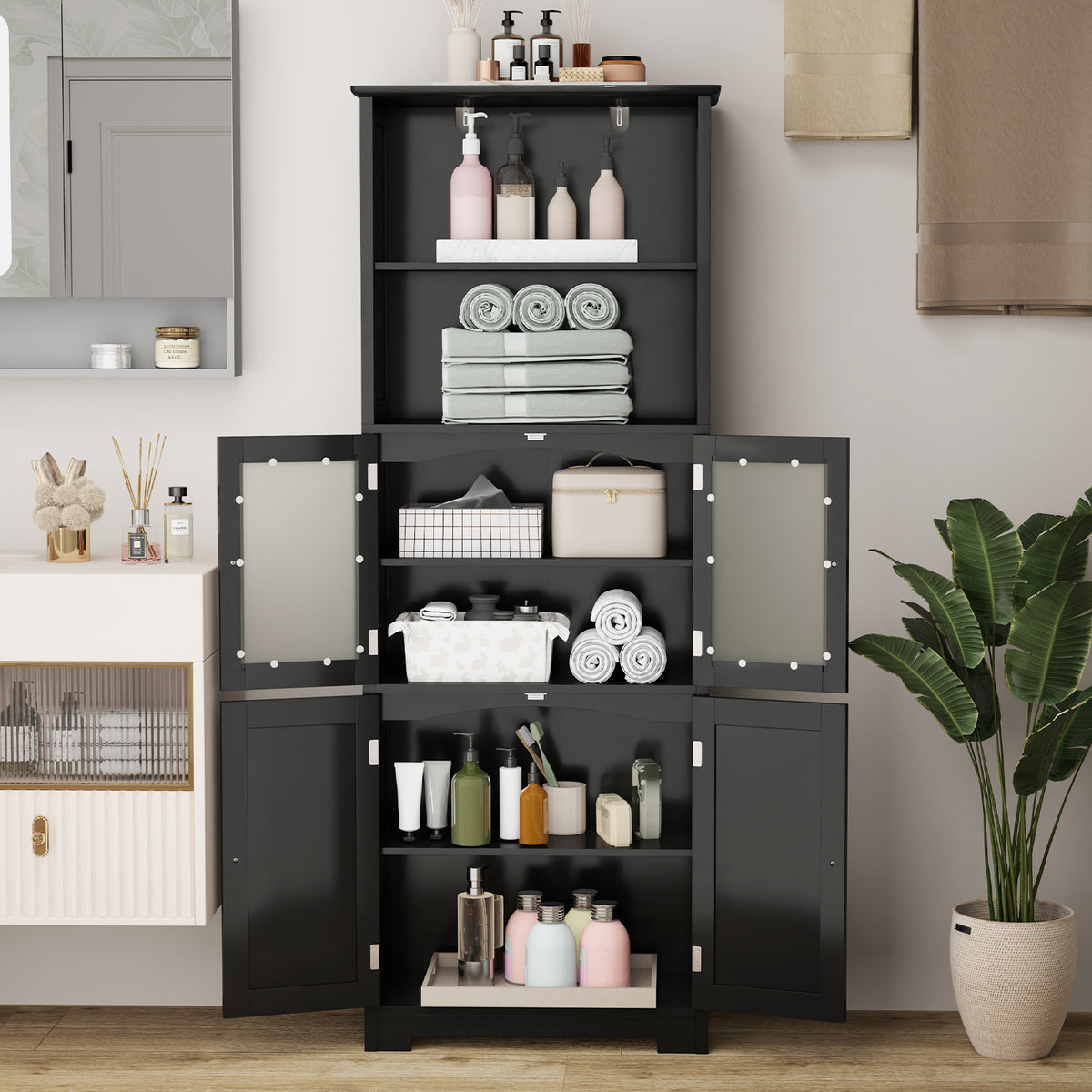 6-Tier Freestanding Bathroom Cabinet with 2 Open Compartments and