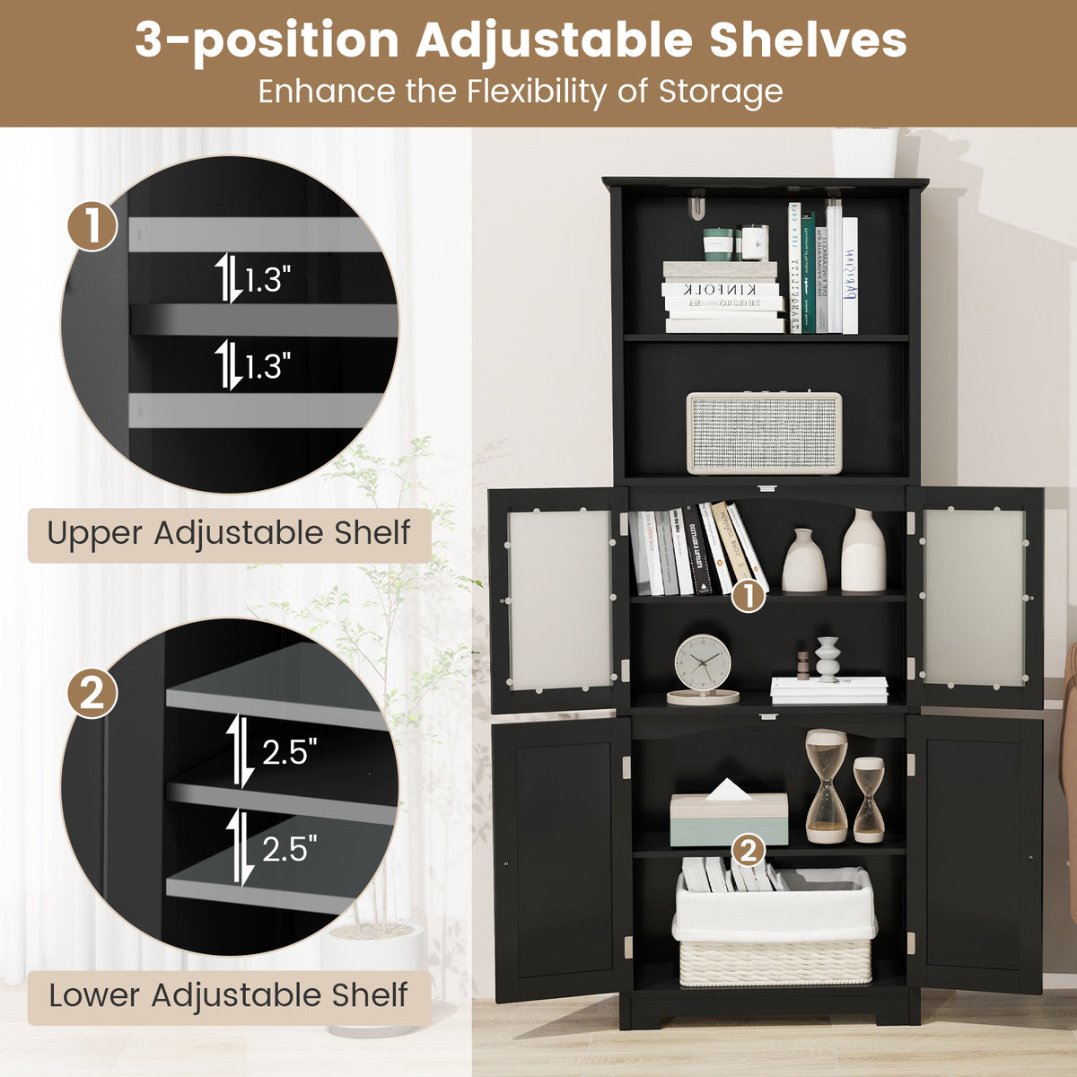 6-Tier Freestanding Bathroom Cabinet with 2 Open Compartments and