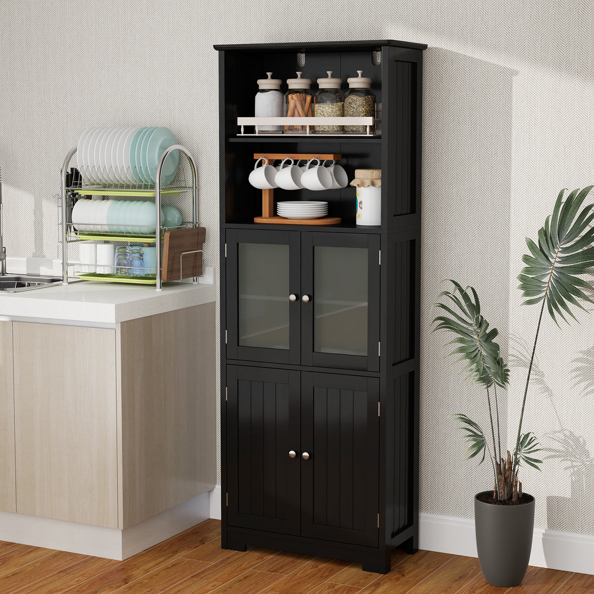 6-Tier Freestanding Bathroom Cabinet with 2 Open Compartments and