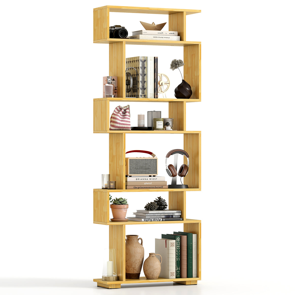 6-Tier Geometric Bookshelf with 2 Anti-Tipping Kits for Home Office