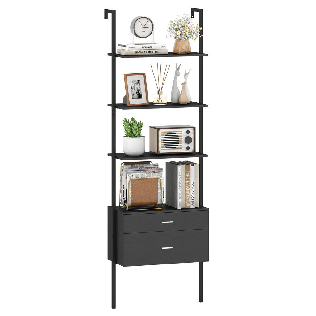 6-Tier Ladder Bookcase with 2 Drawers and Metal Frame