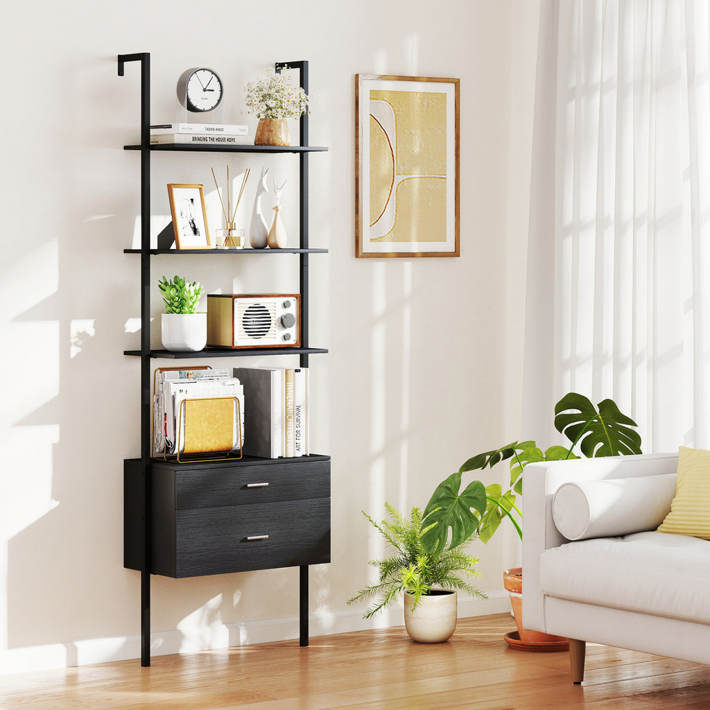 6-Tier Ladder Bookcase with 2 Drawers and Metal Frame