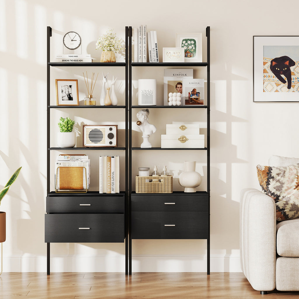 6-Tier Ladder Bookcase with 2 Drawers and Metal Frame