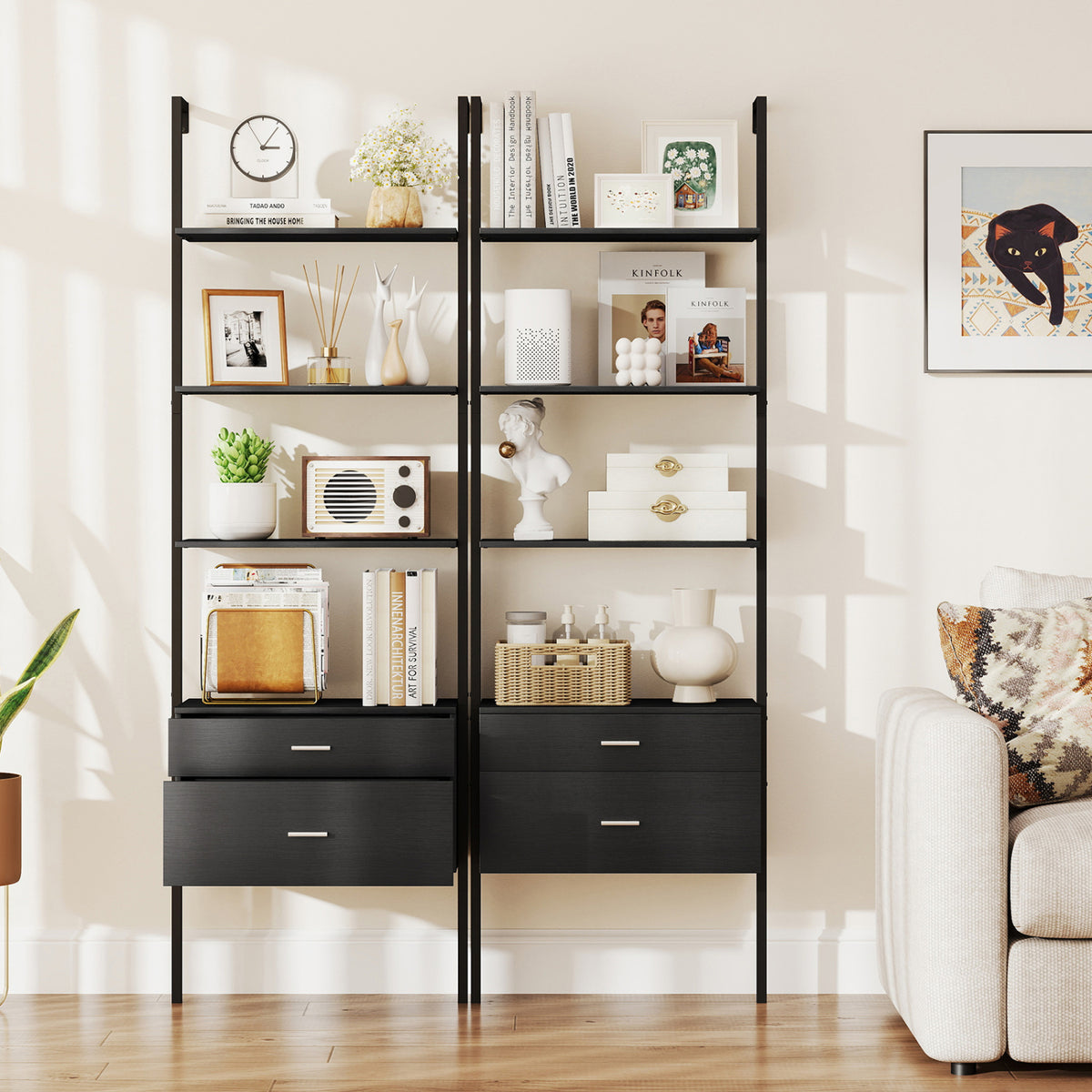 6-Tier Ladder Bookcase with 2 Drawers and Metal Frame