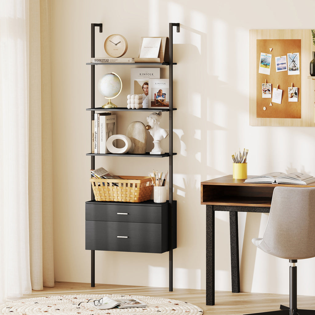 6-Tier Ladder Bookcase with 2 Drawers and Metal Frame