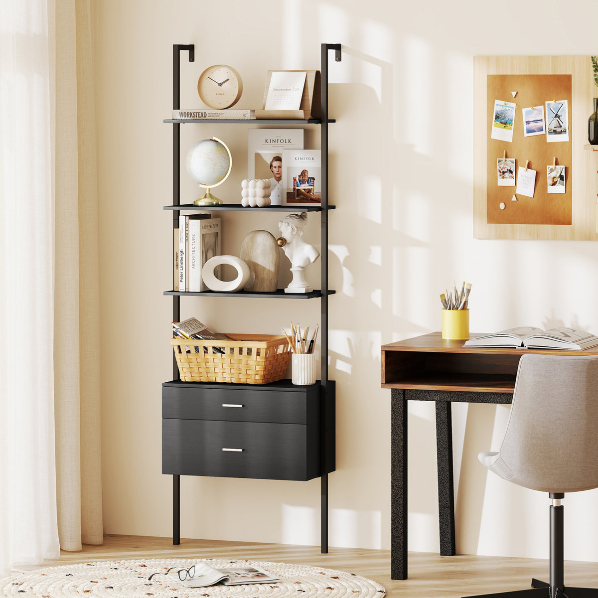 6-Tier Ladder Bookcase with 2 Drawers and Metal Frame