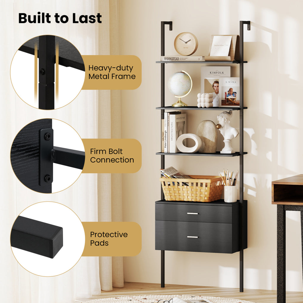 6-Tier Ladder Bookcase with 2 Drawers and Metal Frame