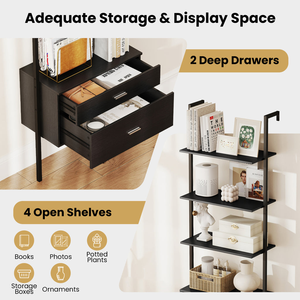 6-Tier Ladder Bookcase with 2 Drawers and Metal Frame