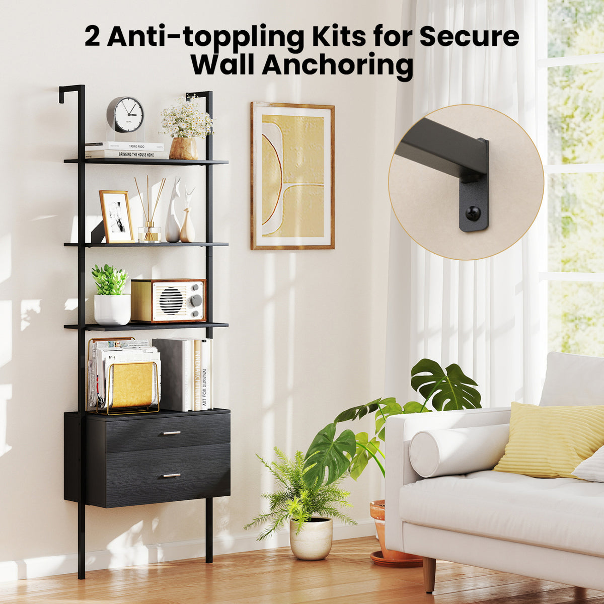 6-Tier Ladder Bookcase with 2 Drawers and Metal Frame