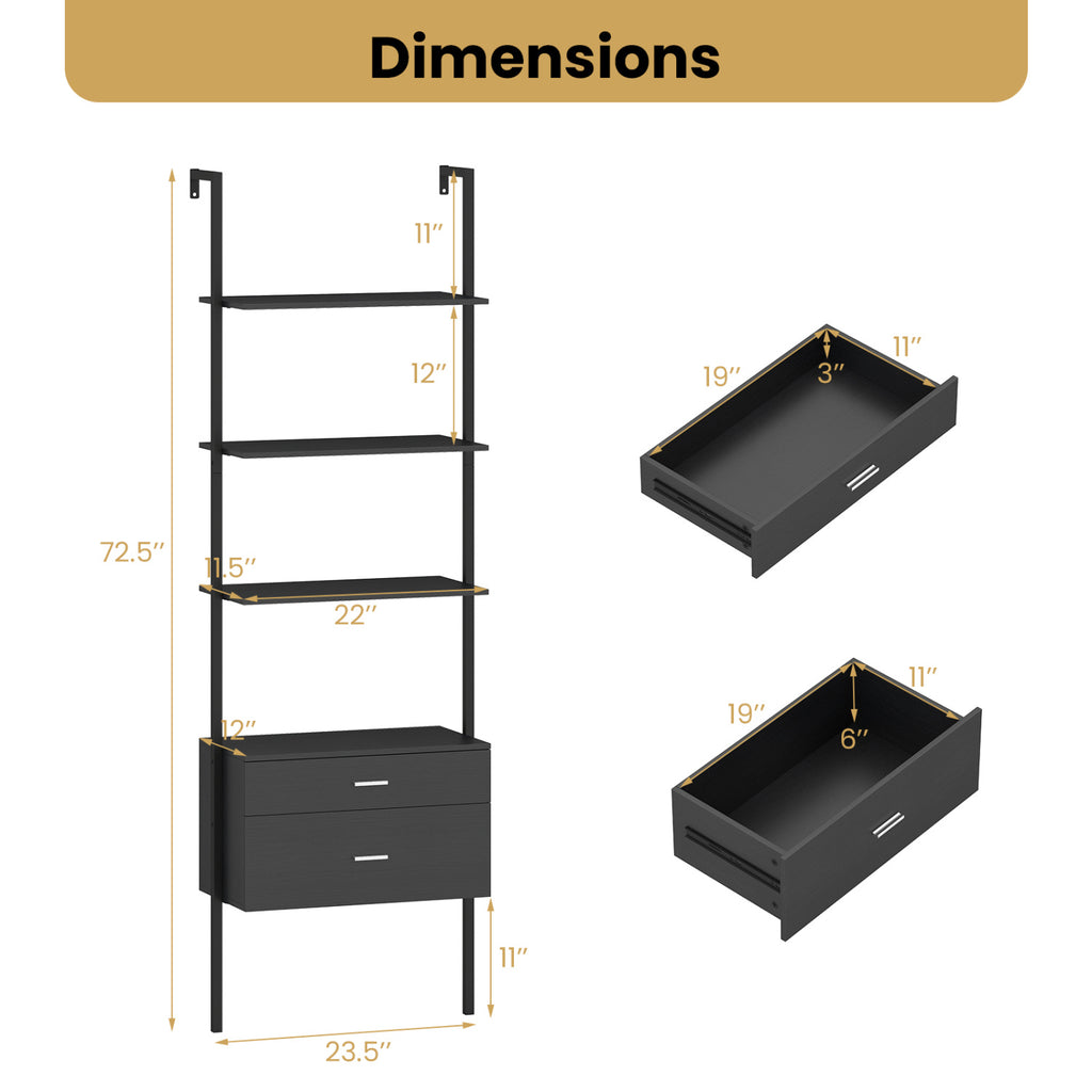 6-Tier Ladder Bookcase with 2 Drawers and Metal Frame