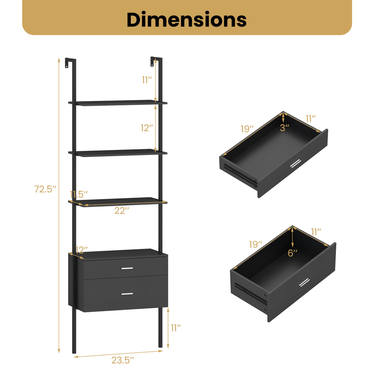 6-Tier Ladder Bookcase with 2 Drawers and Metal Frame