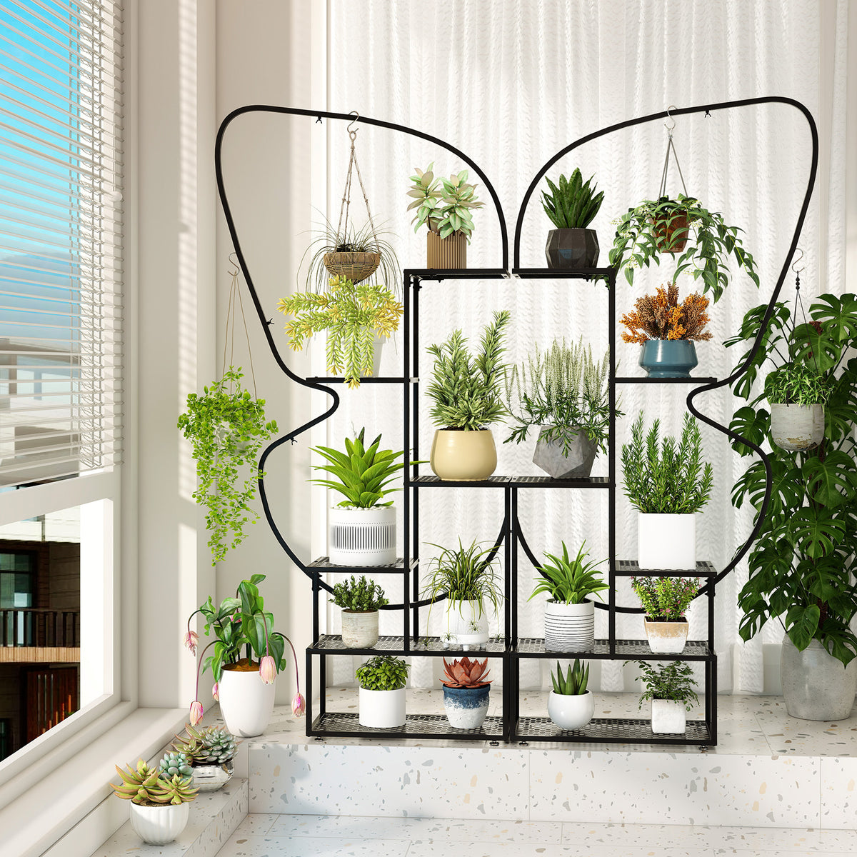 Metal Plant Stand with Butterfly Shape - Black
