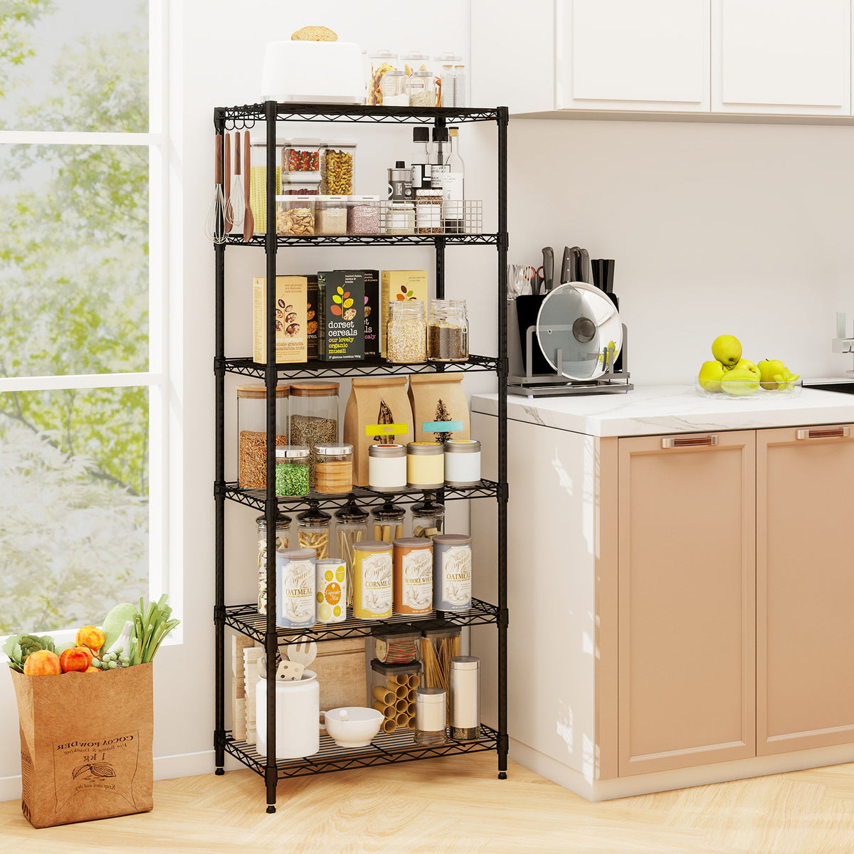 6-Tier Metal Storage Shelving Unit with V-Shaped Rack - Black