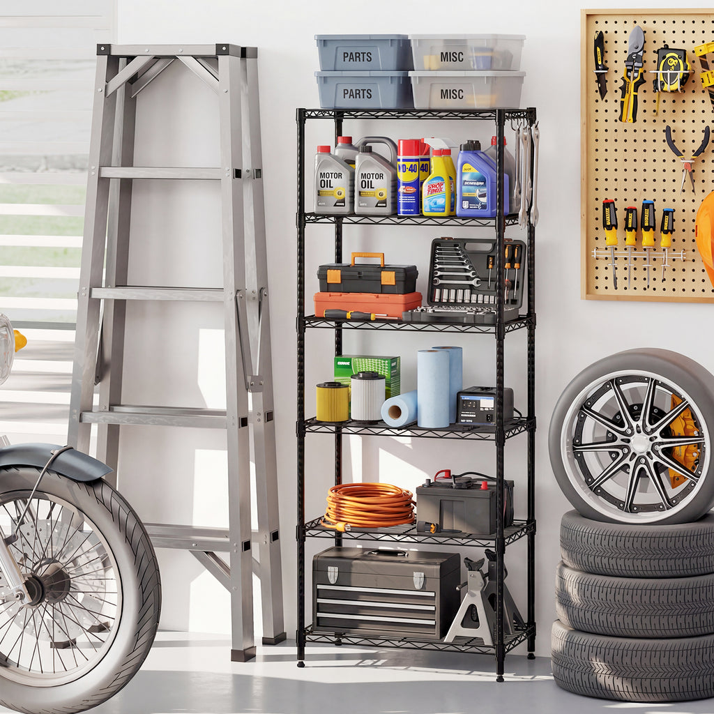 6-Tier Metal Storage Shelving Unit with V-Shaped Rack - Black