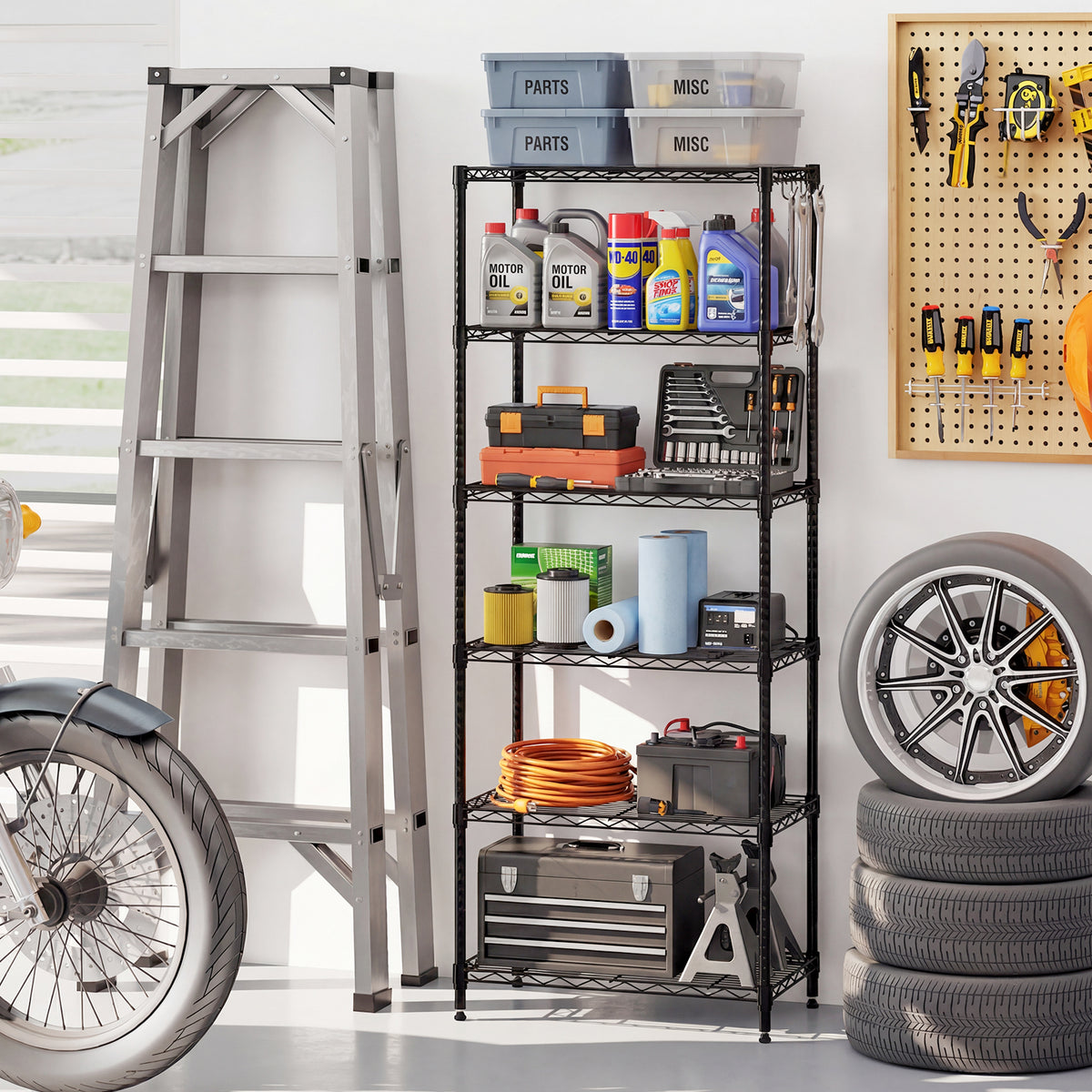 6-Tier Metal Storage Shelving Unit with V-Shaped Rack - Black