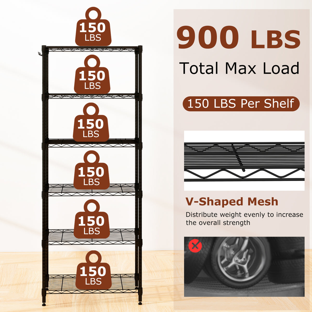 6-Tier Metal Storage Shelving Unit with V-Shaped Rack - Black