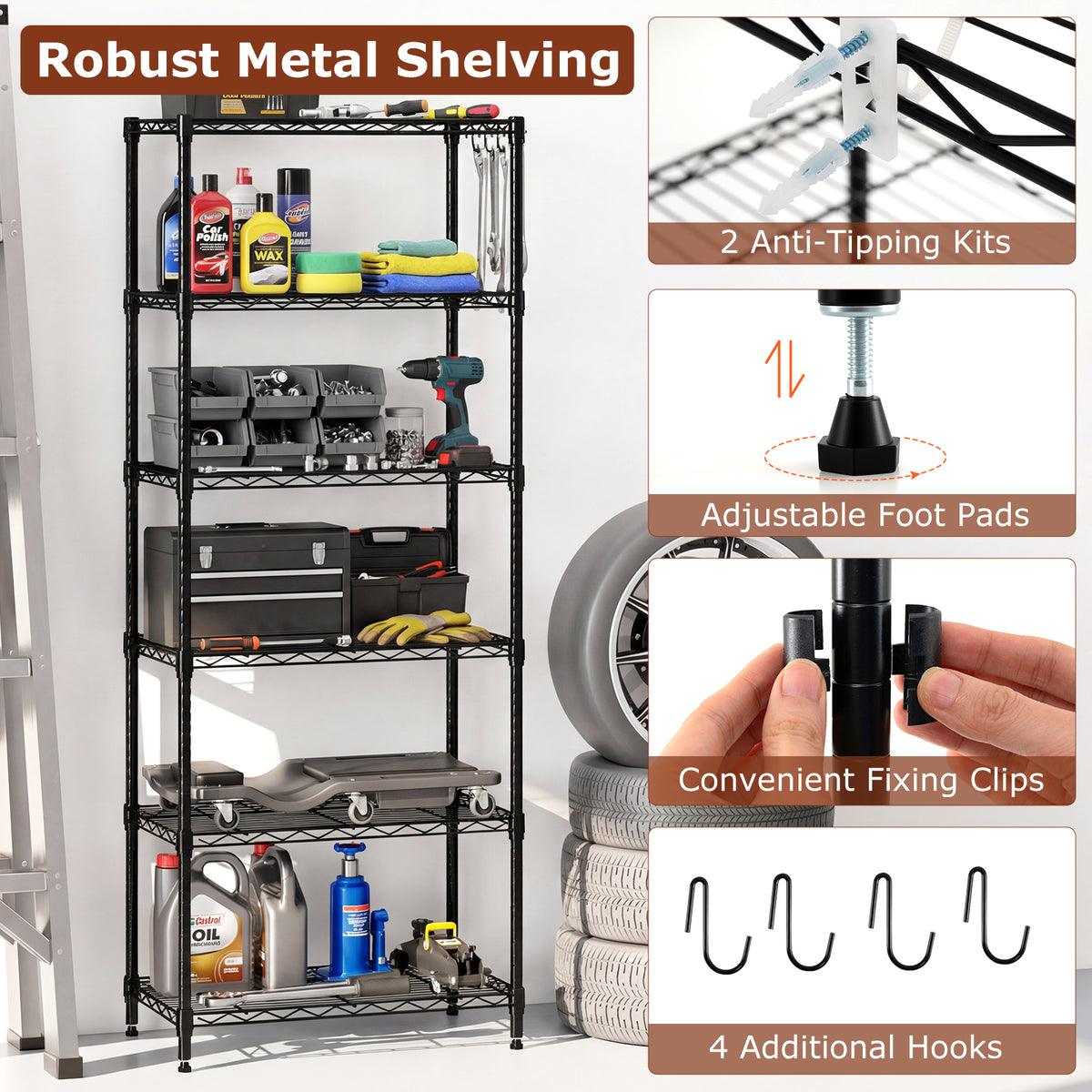 6-Tier Metal Storage Shelving Unit with V-Shaped Rack - Black