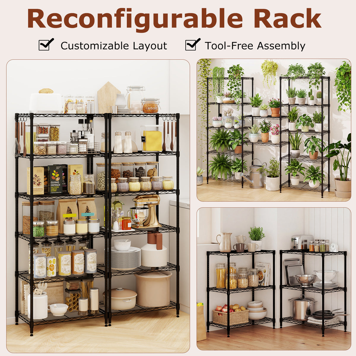 6-Tier Metal Storage Shelving Unit with V-Shaped Rack - Black