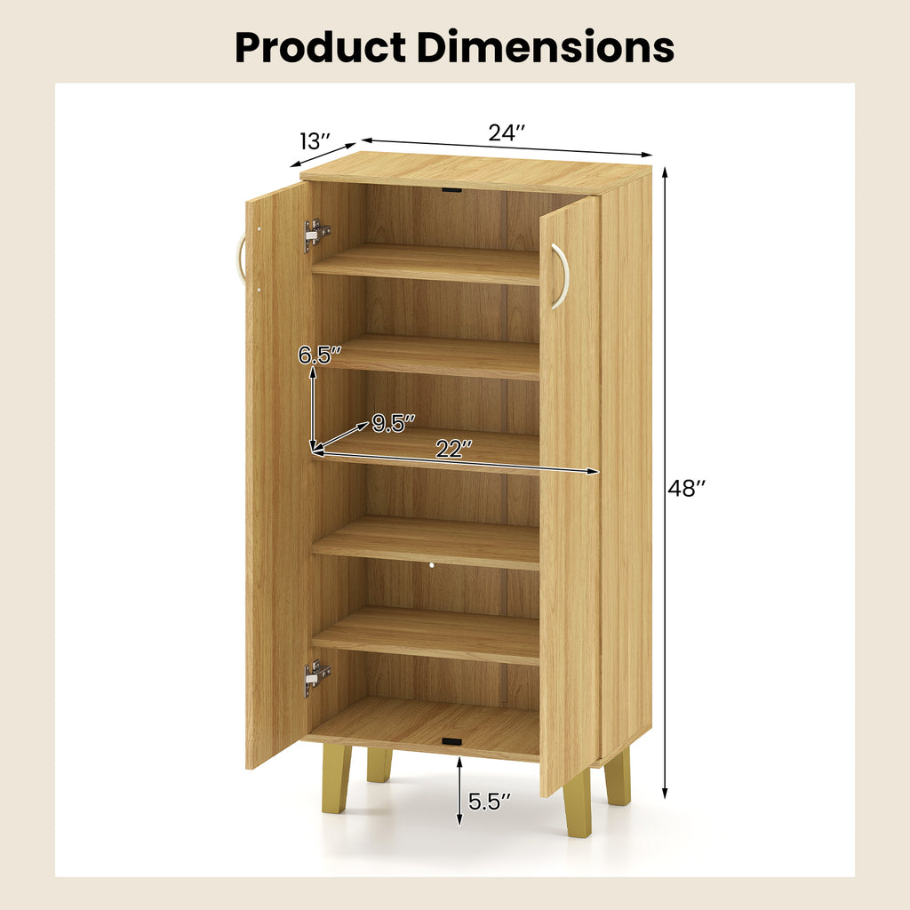 6-Tier Wooden Shoe Cabinet with Doors and Removable Shelves - Oak