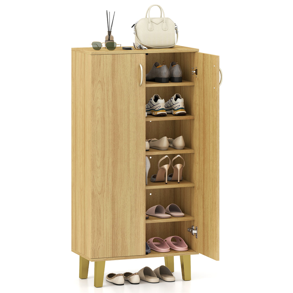 6-Tier Wooden Shoe Cabinet with Doors and Removable Shelves - Oak