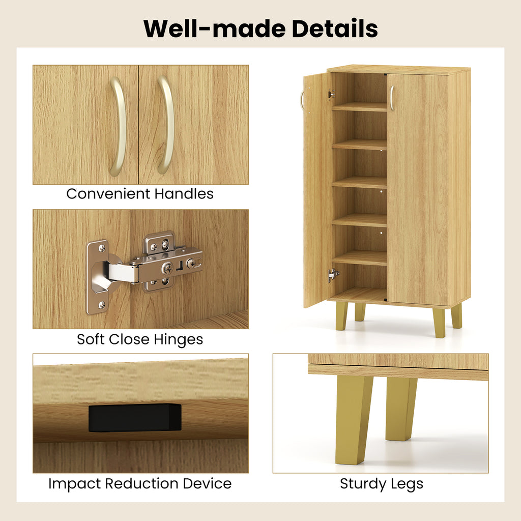 6-Tier Wooden Shoe Cabinet with Doors and Removable Shelves - Oak