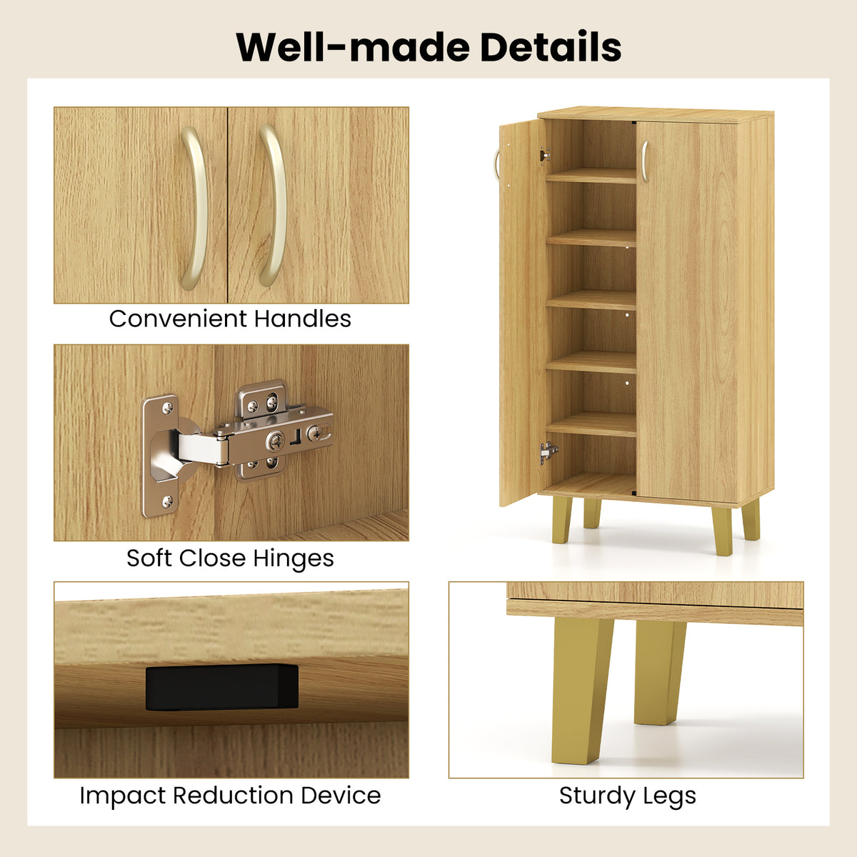 6-Tier Wooden Shoe Cabinet with Doors and Removable Shelves - Oak