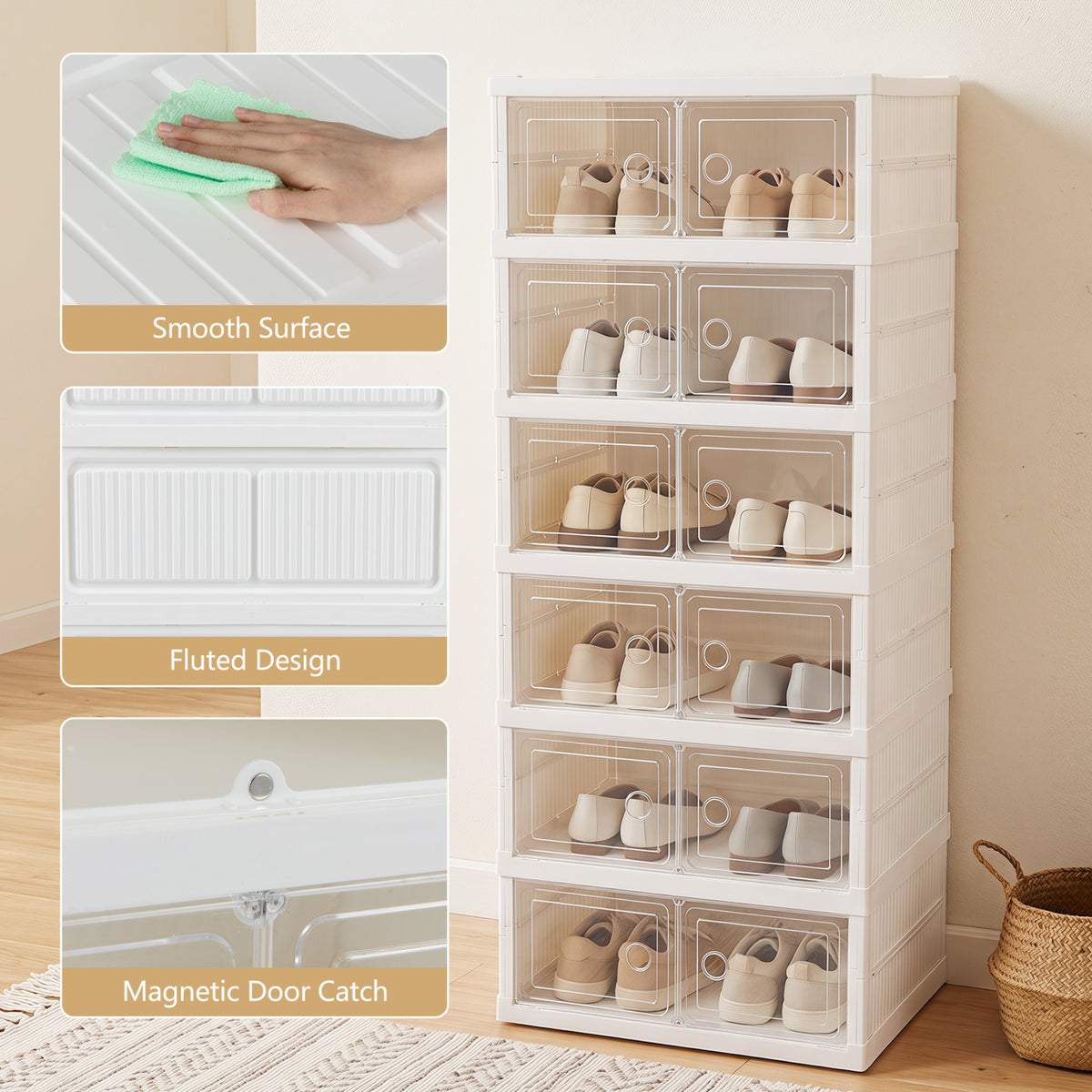 6-Tier Shoe Organizer with Clear Doors and Portable Design for 12