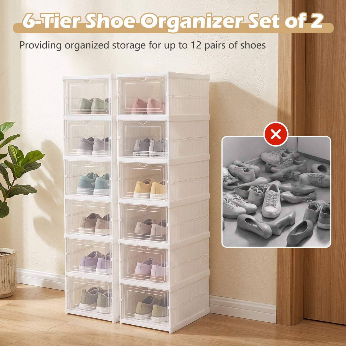6-Tier Shoe Organizer with Clear Doors for 12 Pairs - White