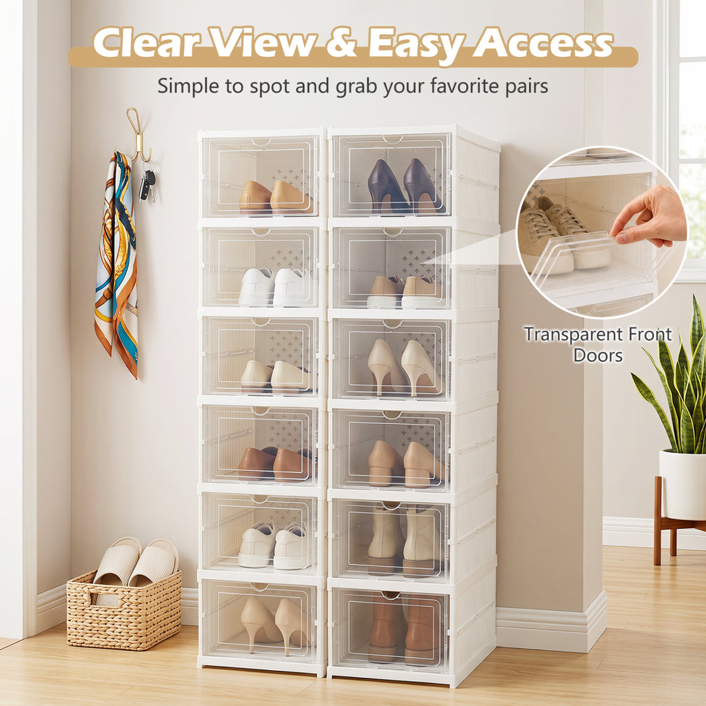 6-Tier Shoe Organizer with Clear Doors for 12 Pairs - White