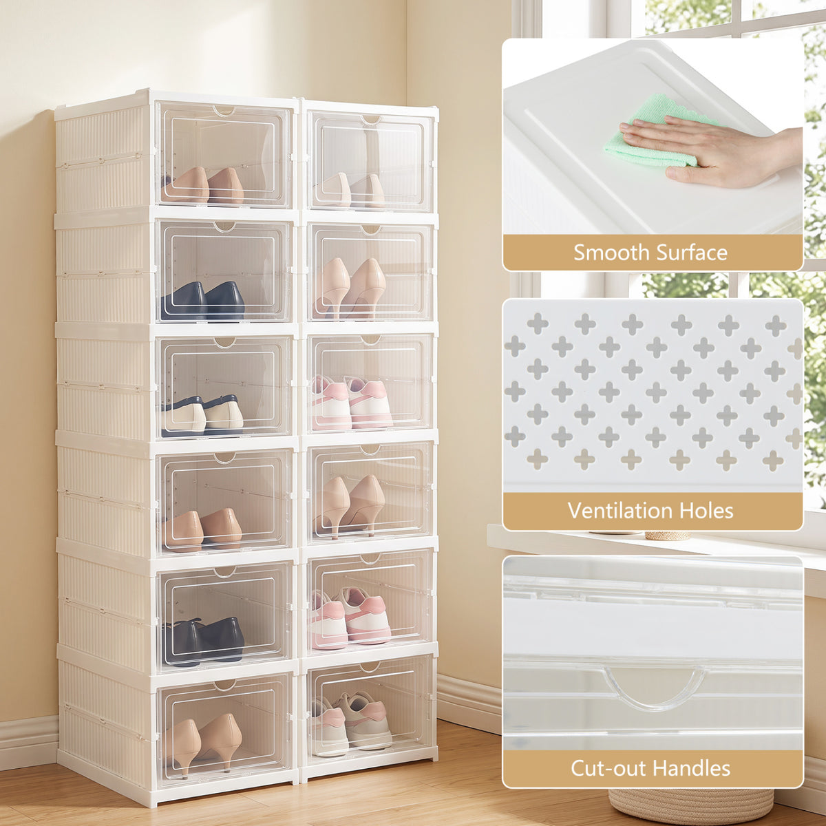 6-Tier Shoe Organizer with Clear Doors for 12 Pairs - White