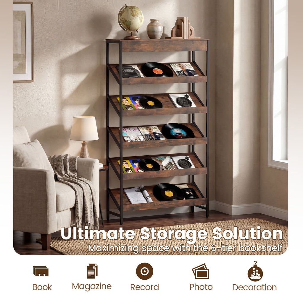 6-Tier Tall Freestanding Bookshelf with Angled Shelves for Home Office