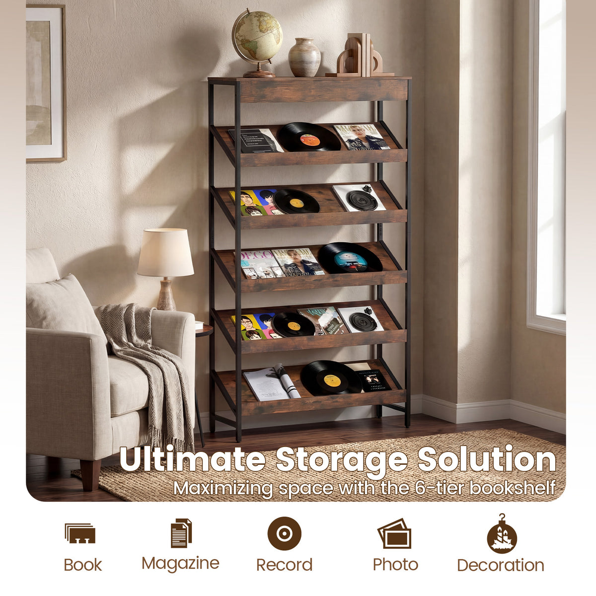 6-Tier Tall Freestanding Bookshelf with Angled Shelves for Home Office