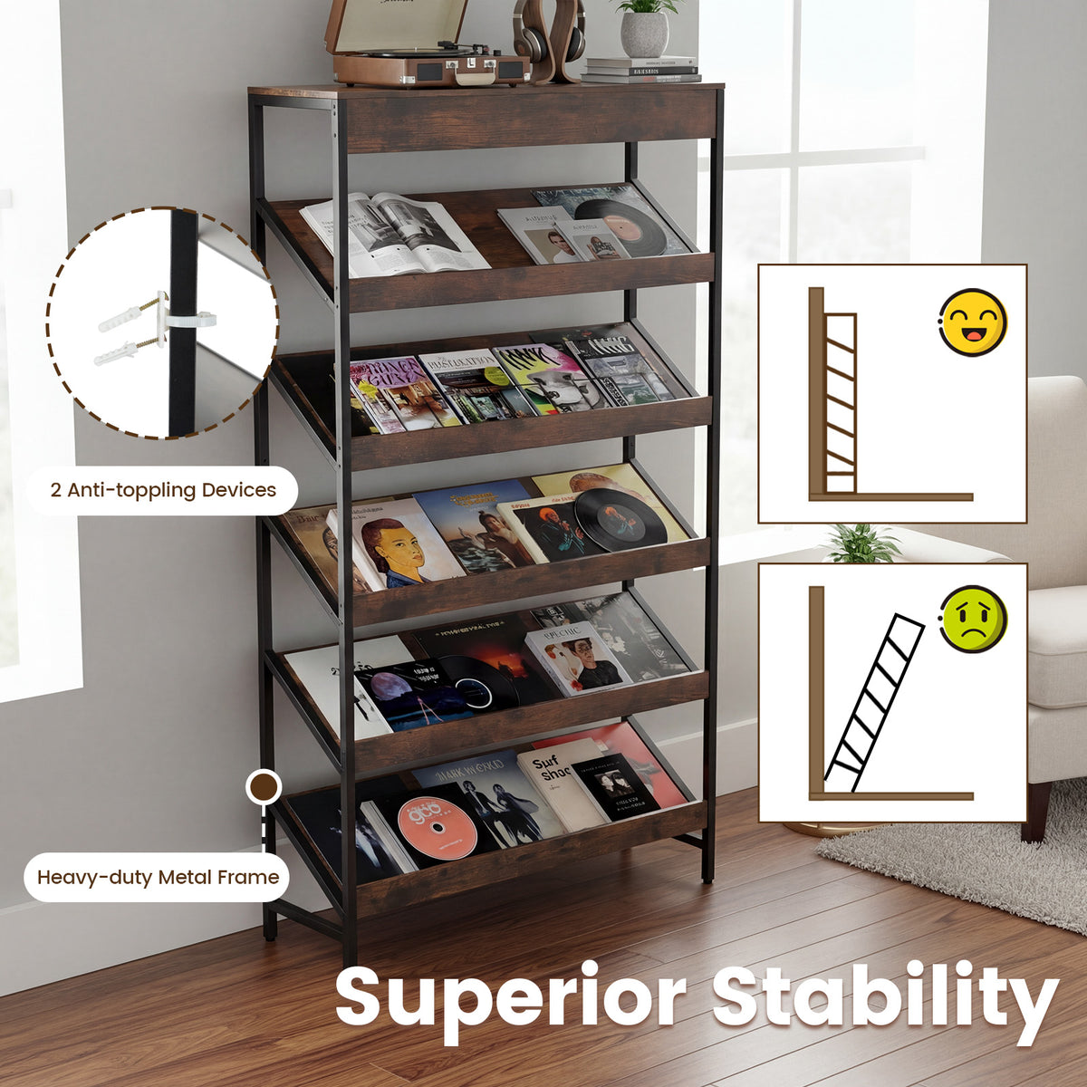 6-Tier Tall Freestanding Bookshelf with Angled Shelves for Home Office