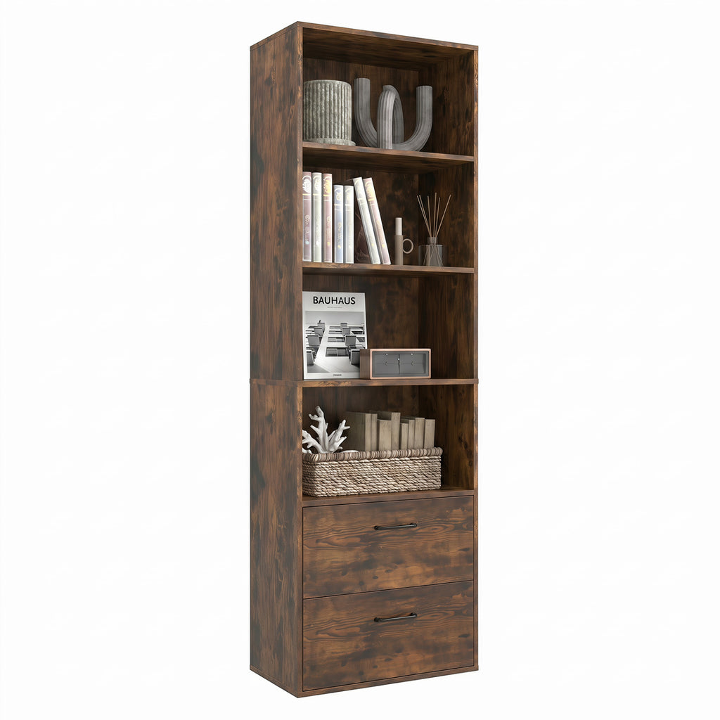 6-Tier Tall Freestanding Bookshelf with 4 Open Shelves and 2 Drawers