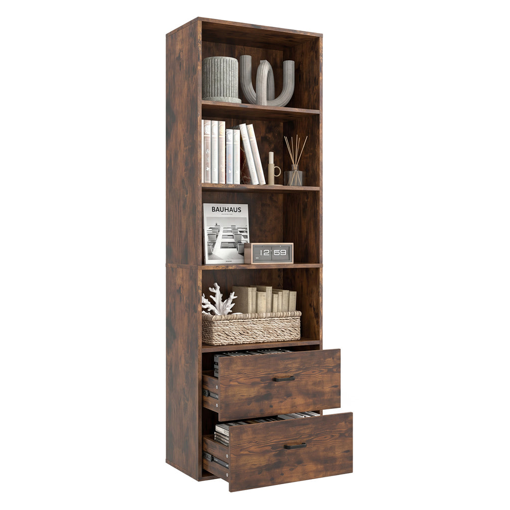 6-Tier Tall Freestanding Bookshelf with 4 Open Shelves and 2 Drawers
