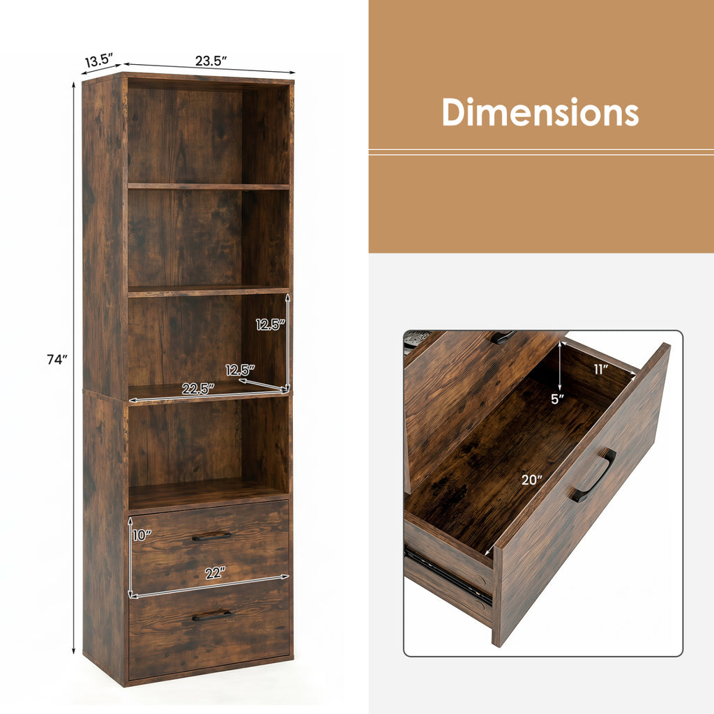 6-Tier Tall Freestanding Bookshelf with 4 Open Shelves and 2 Drawers