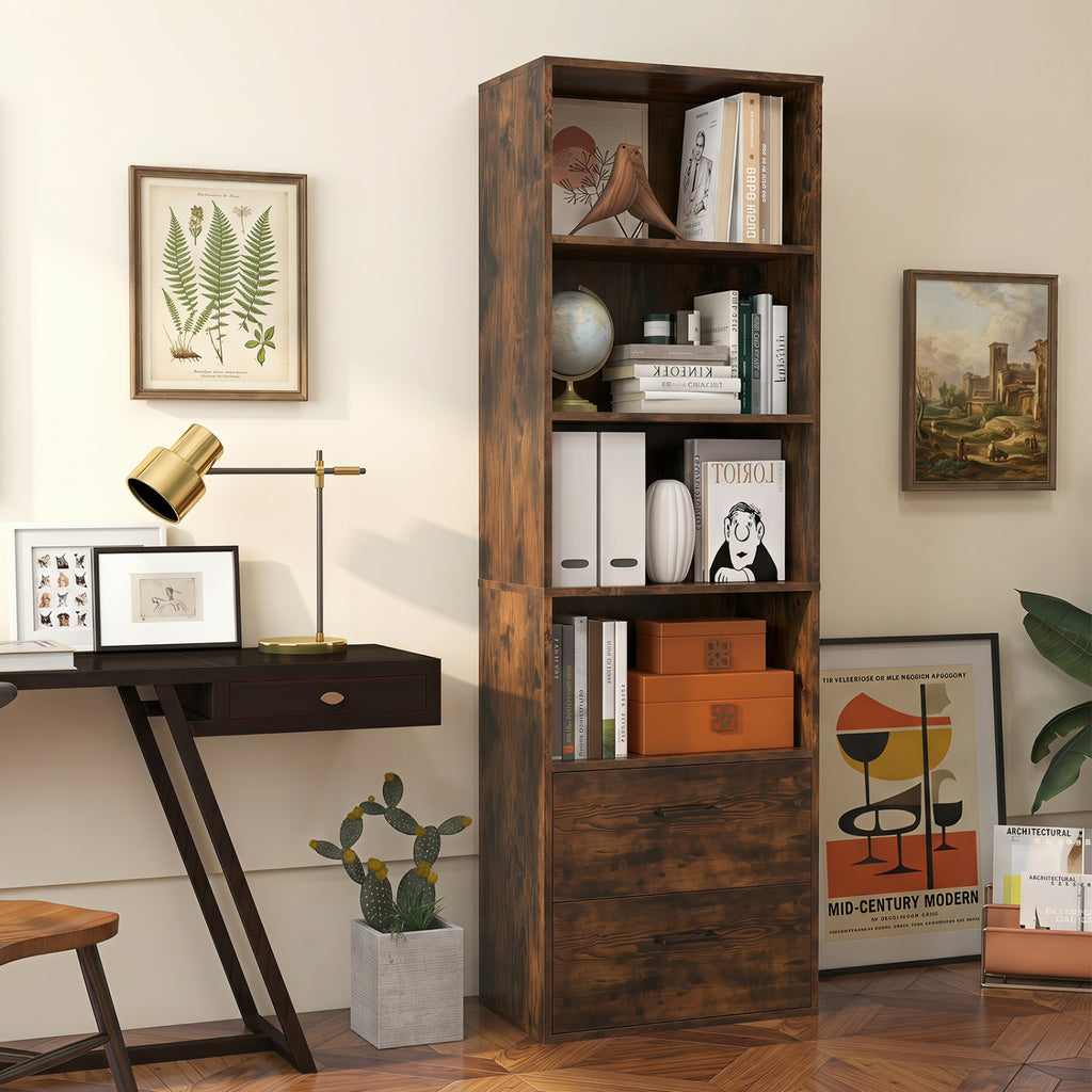 6-Tier Tall Freestanding Bookshelf with 4 Open Shelves and 2 Drawers