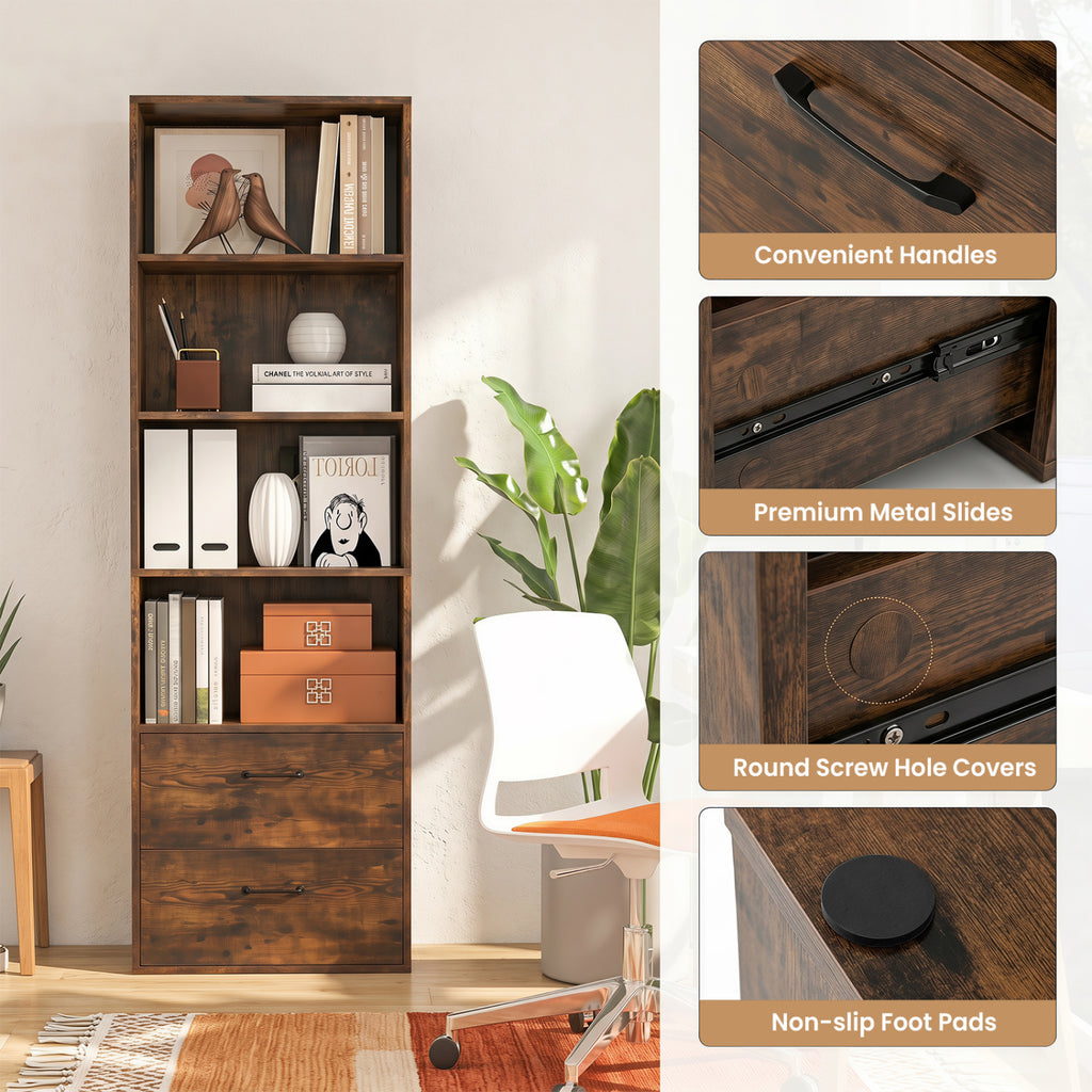 6-Tier Tall Freestanding Bookshelf with 4 Open Shelves and 2 Drawers