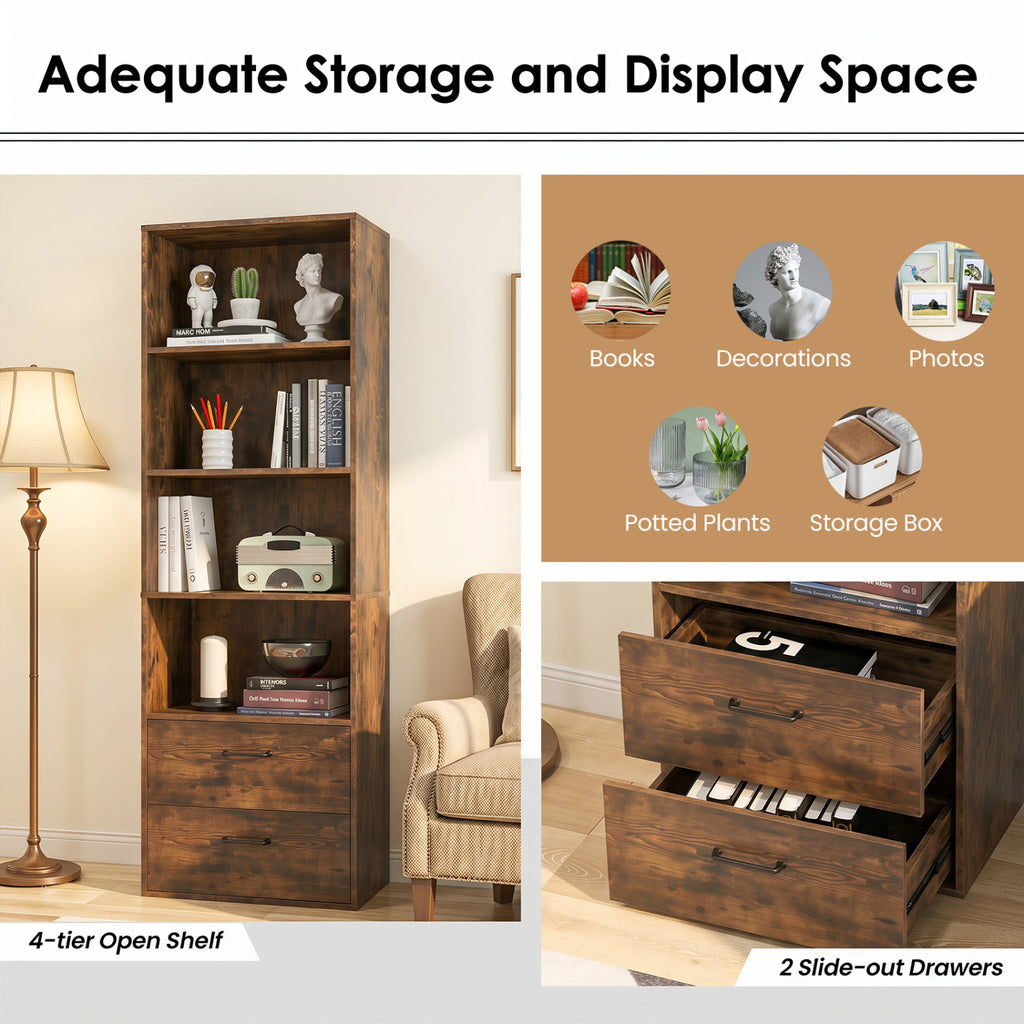 6-Tier Tall Freestanding Bookshelf with 4 Open Shelves and 2 Drawers
