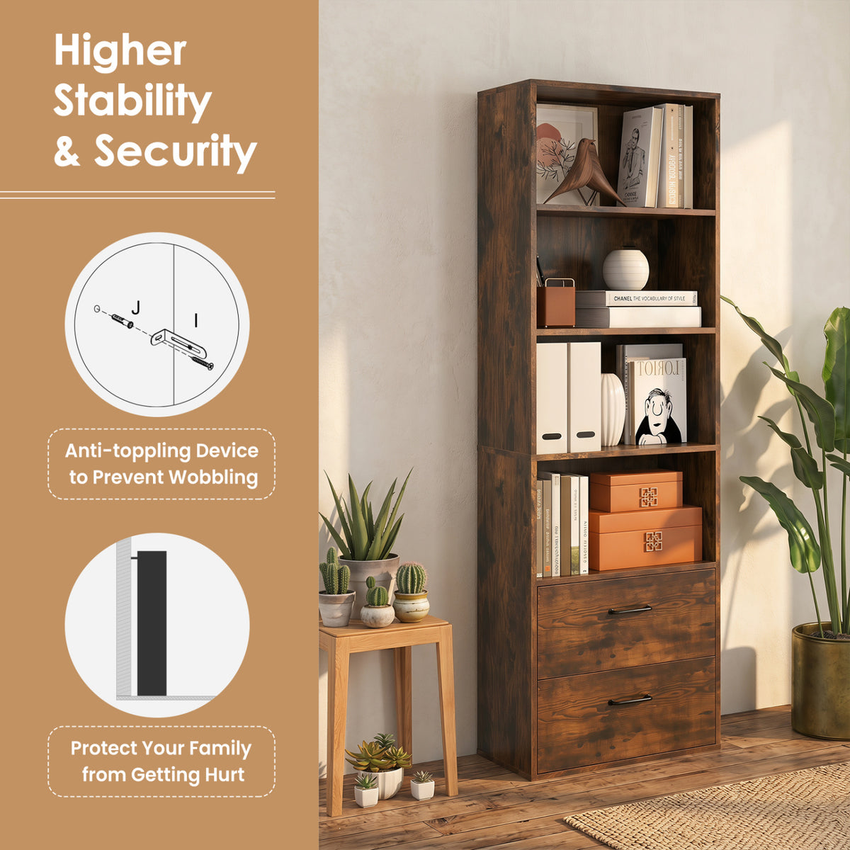 6-Tier Tall Freestanding Bookshelf with 4 Open Shelves and 2 Drawers