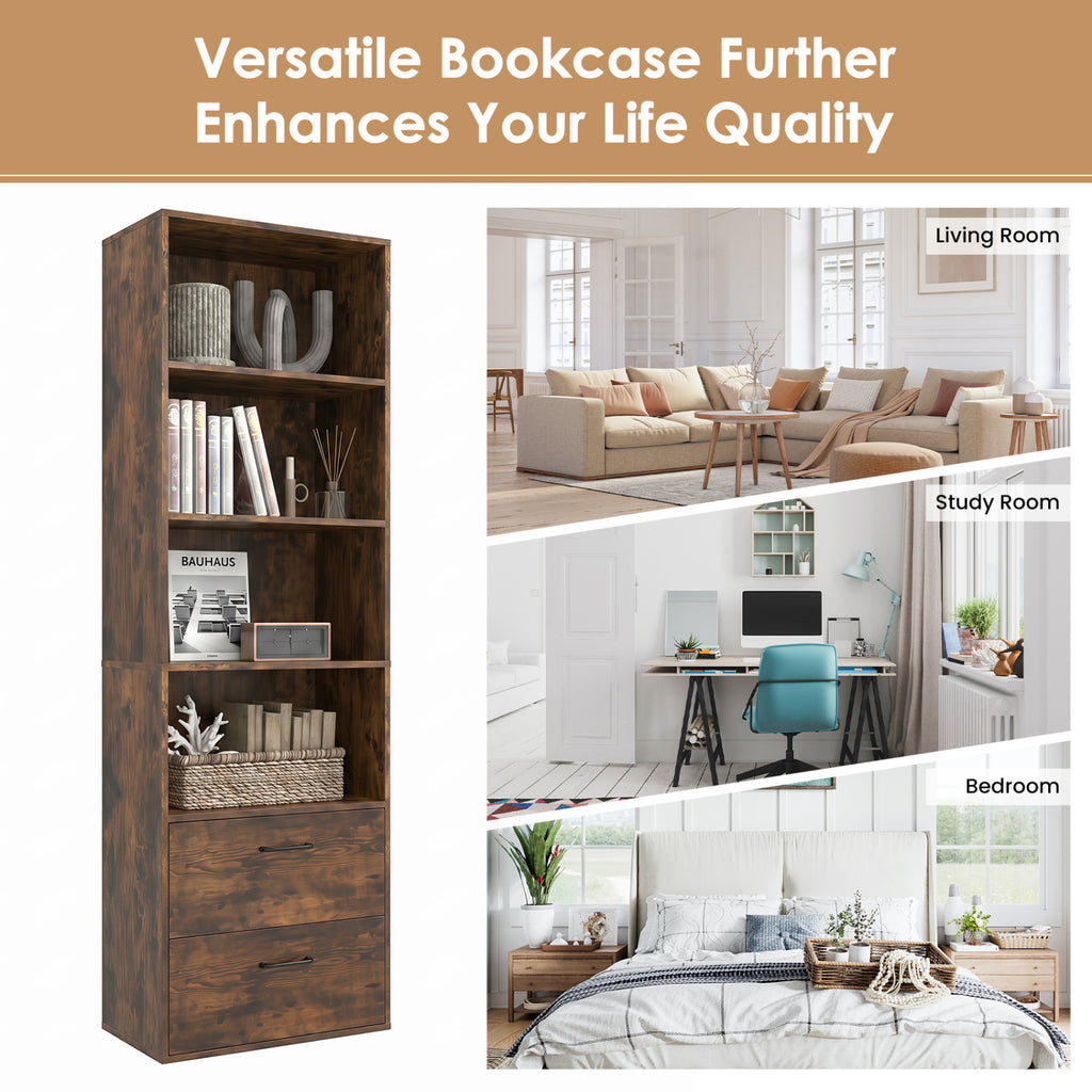 6-Tier Tall Freestanding Bookshelf with 4 Open Shelves and 2 Drawers