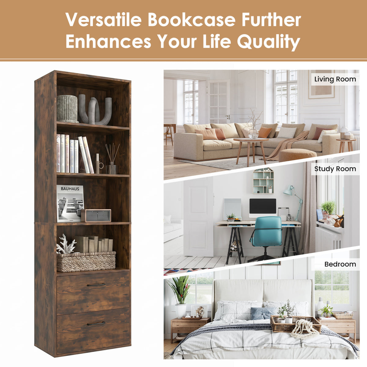 6-Tier Tall Freestanding Bookshelf with 4 Open Shelves and 2 Drawers