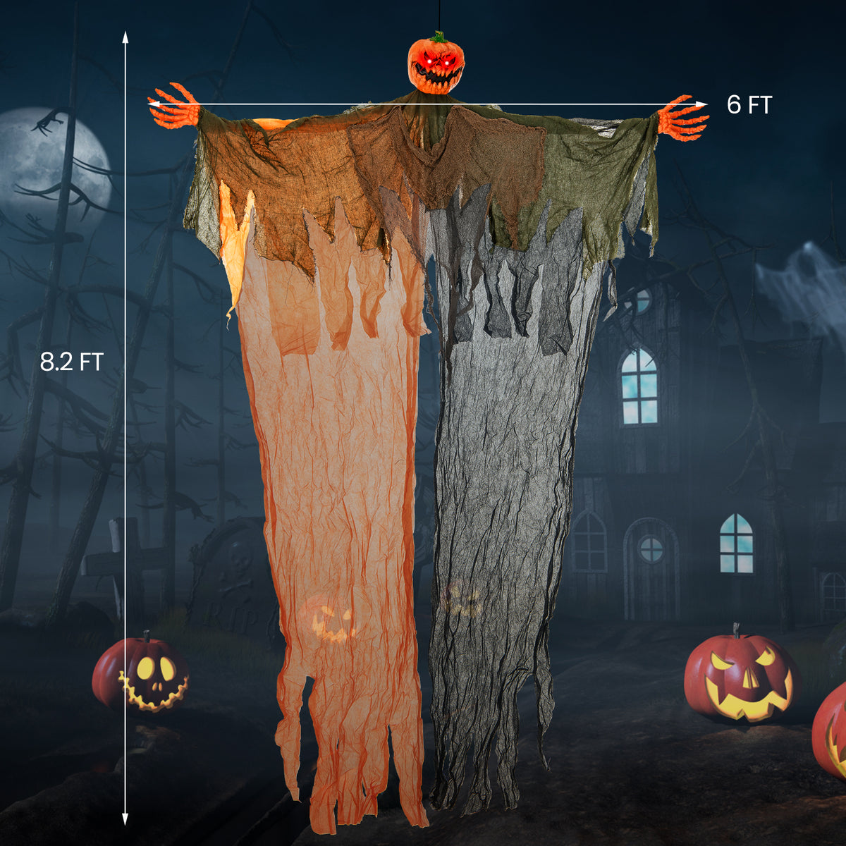 6 Feet Hanging Pumpkin Ghost with Red LED Eyes & Bendable Arms - Spooky Indoor/Outdoor Decor