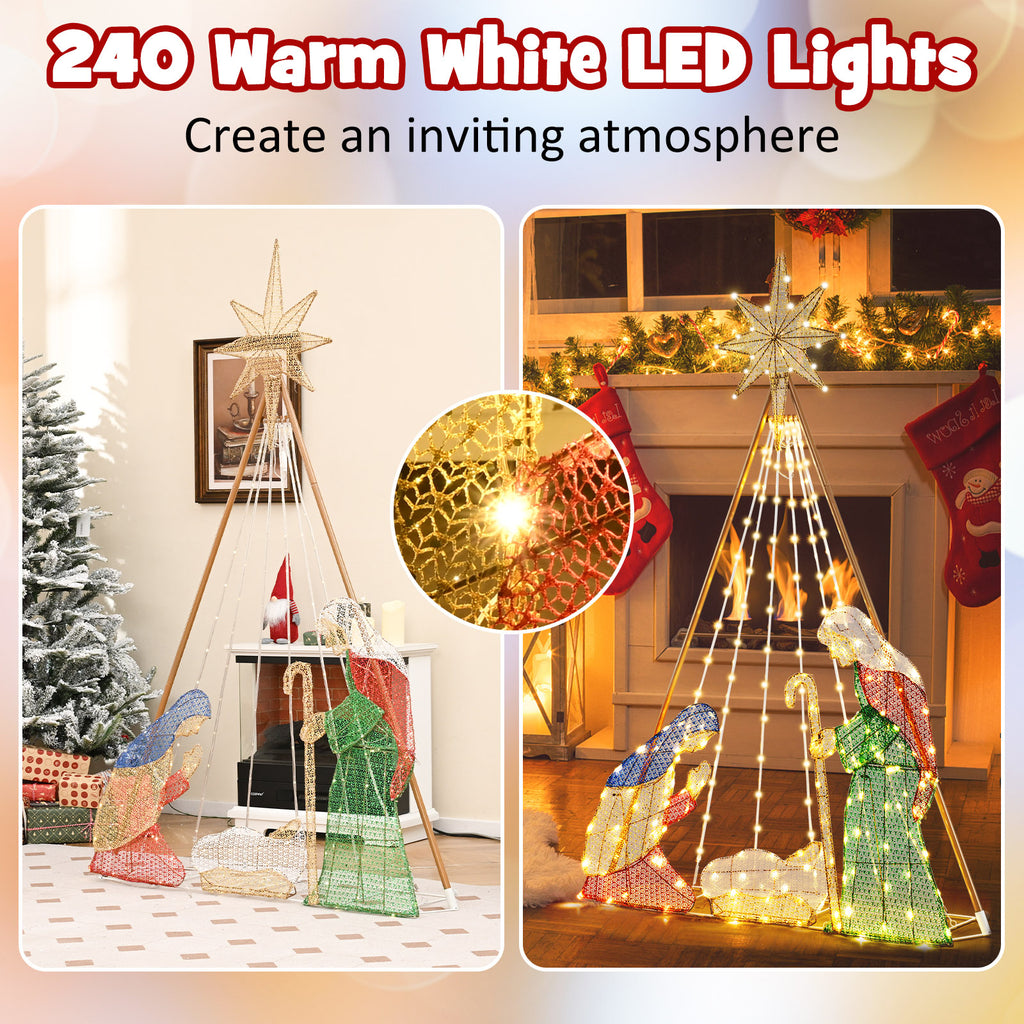 6 Feet Pre-Lit Nativity Scene Set with 240 Warm White LED Lights - Indoor & Outdoor Christmas Decor, Variation: 4 x 1 x 6 ft