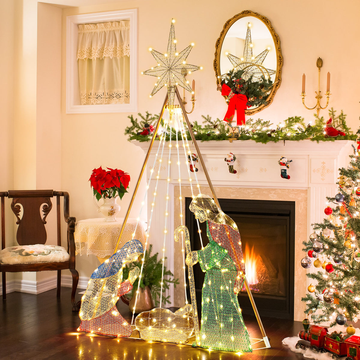 6 Feet Pre-Lit Nativity Scene Set with 240 Warm White LED Lights - Indoor & Outdoor Christmas Decor, Variation: 4 x 1 x 6 ft