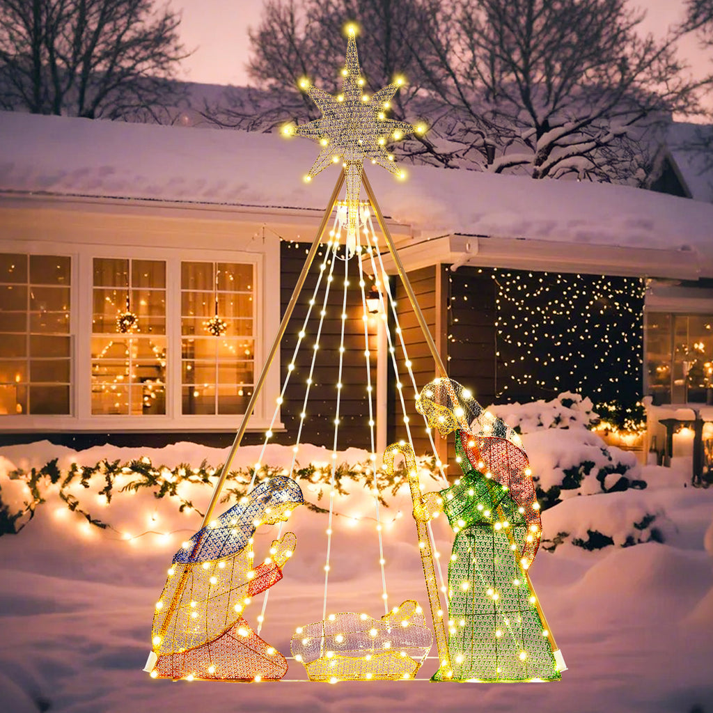 6 Feet Pre-Lit Nativity Scene Set with 240 Warm White LED Lights - Indoor & Outdoor Christmas Decor, Variation: 4 x 1 x 6 ft